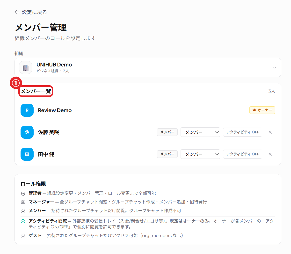 Members screen (① change roles in the member list)