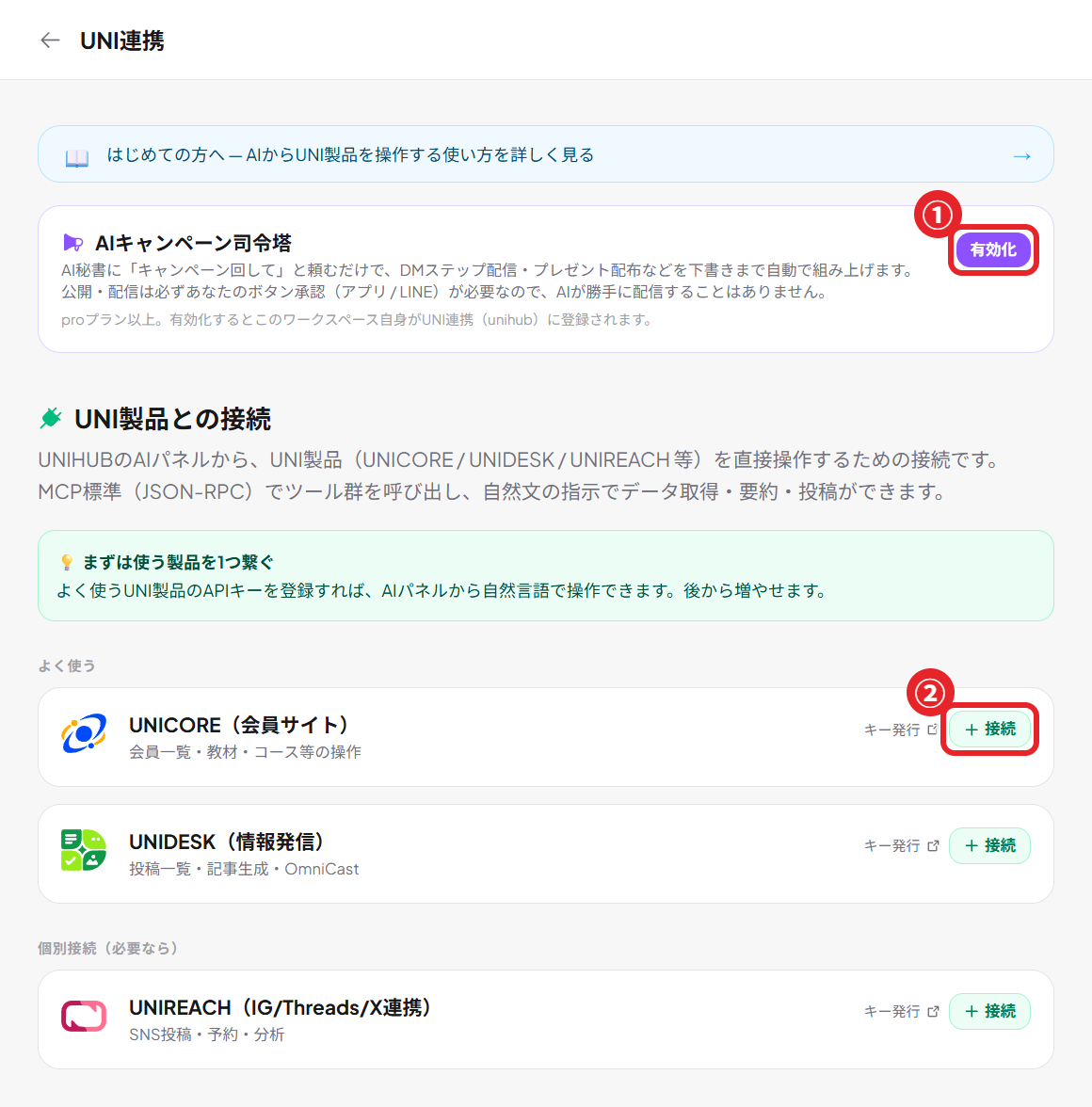 UNI integrations screen (1: enable the AI campaign command center, 2: connect each product)