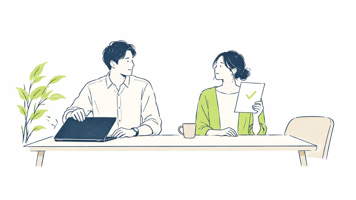 確認を終えた資料と閉じたパソコンを前に、仕事を終えたチームの線画