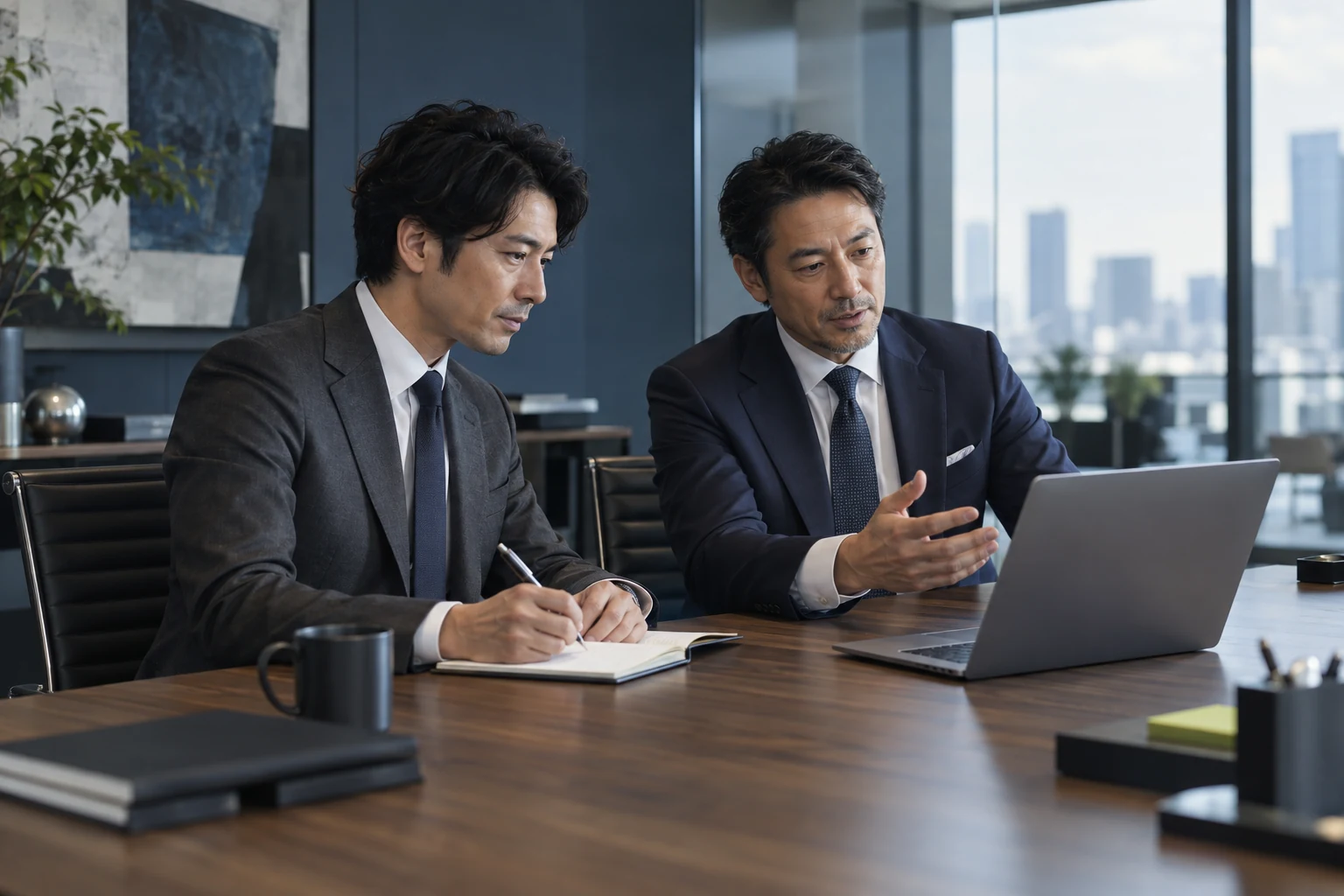 落ち着いた会議室で、PCとノートを使って商談を進める男性ビジネスパーソン